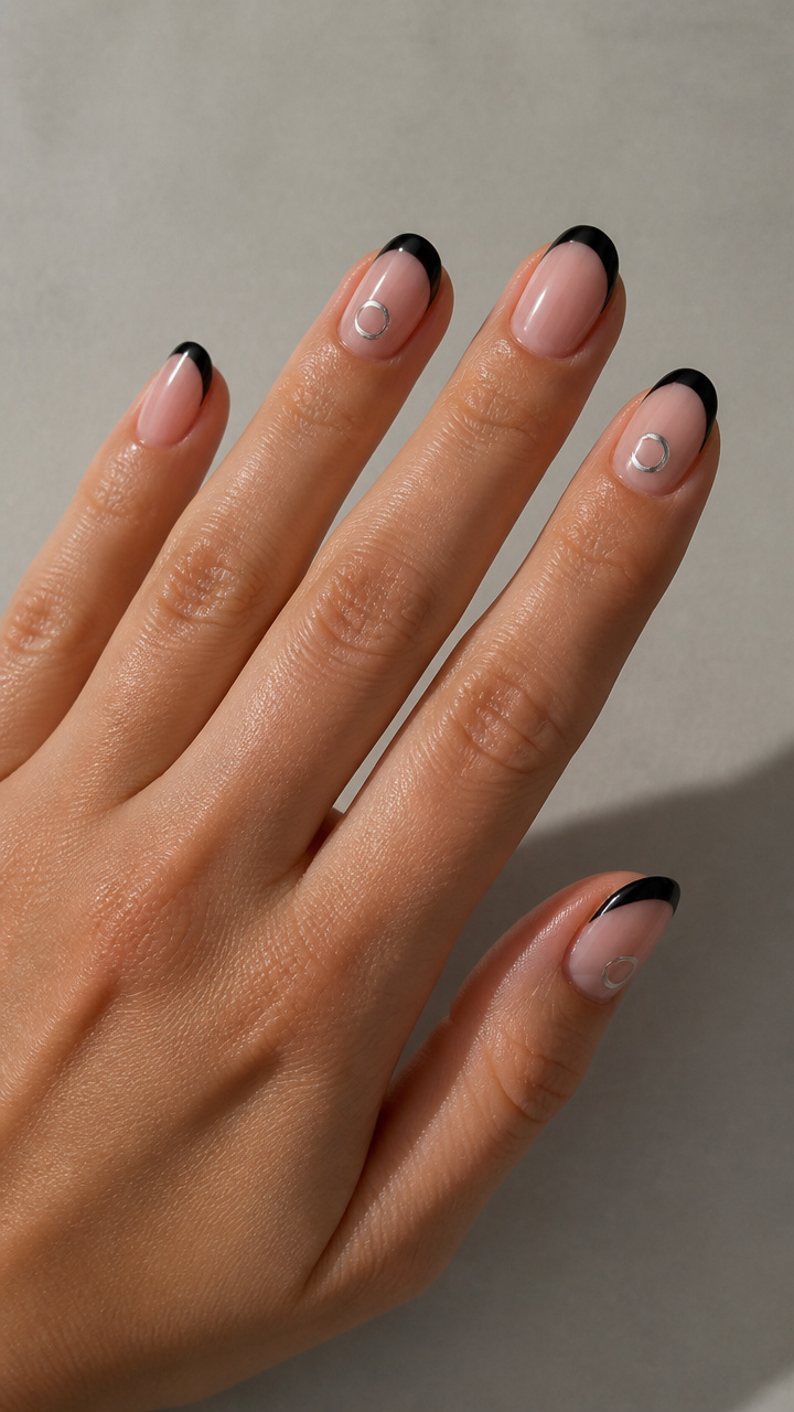 Classic Black French Tips with Silver Moon Accents