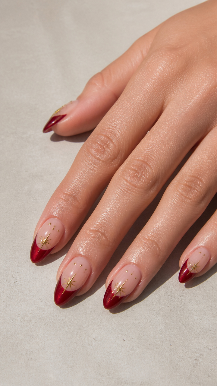 Classic Crimson Almond Tips with Gold Star Accents