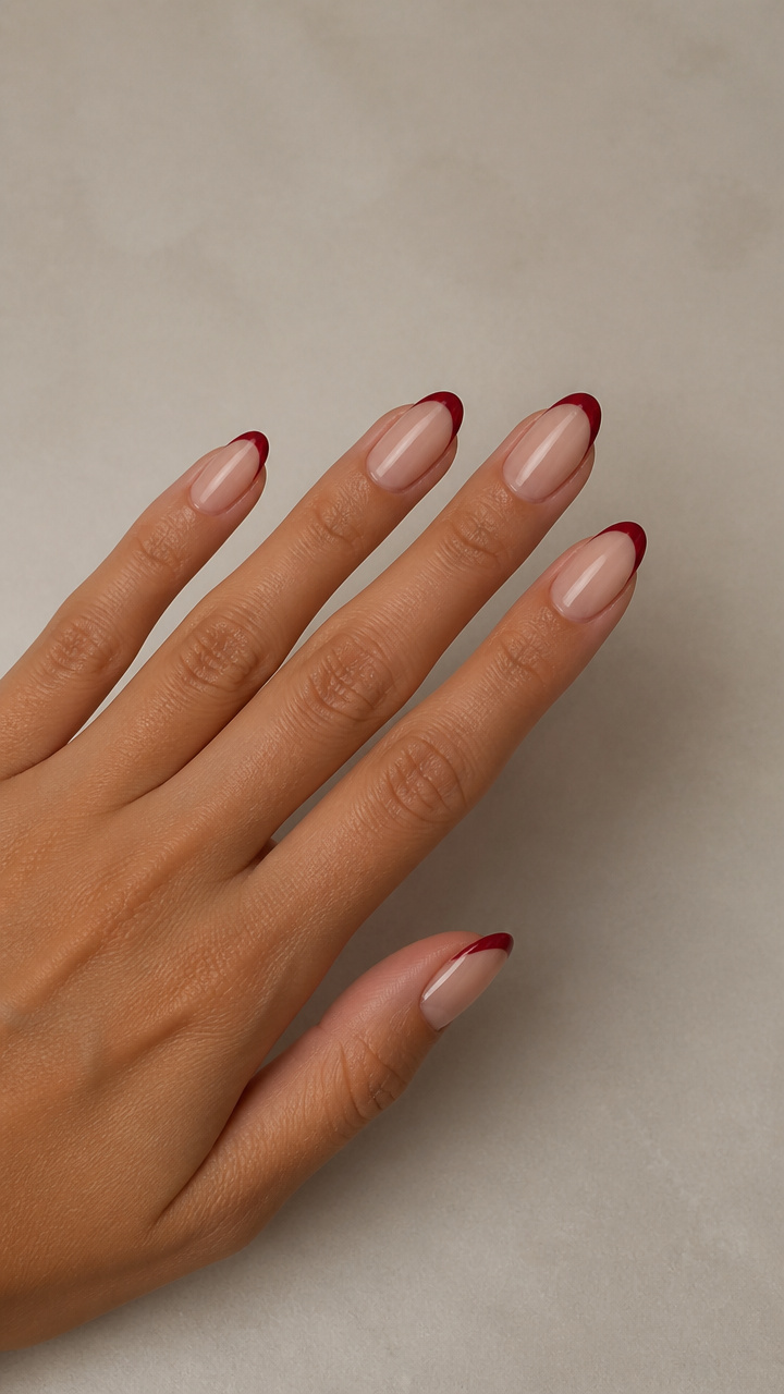 Classic Crimson Red French Tips on Almond Nails