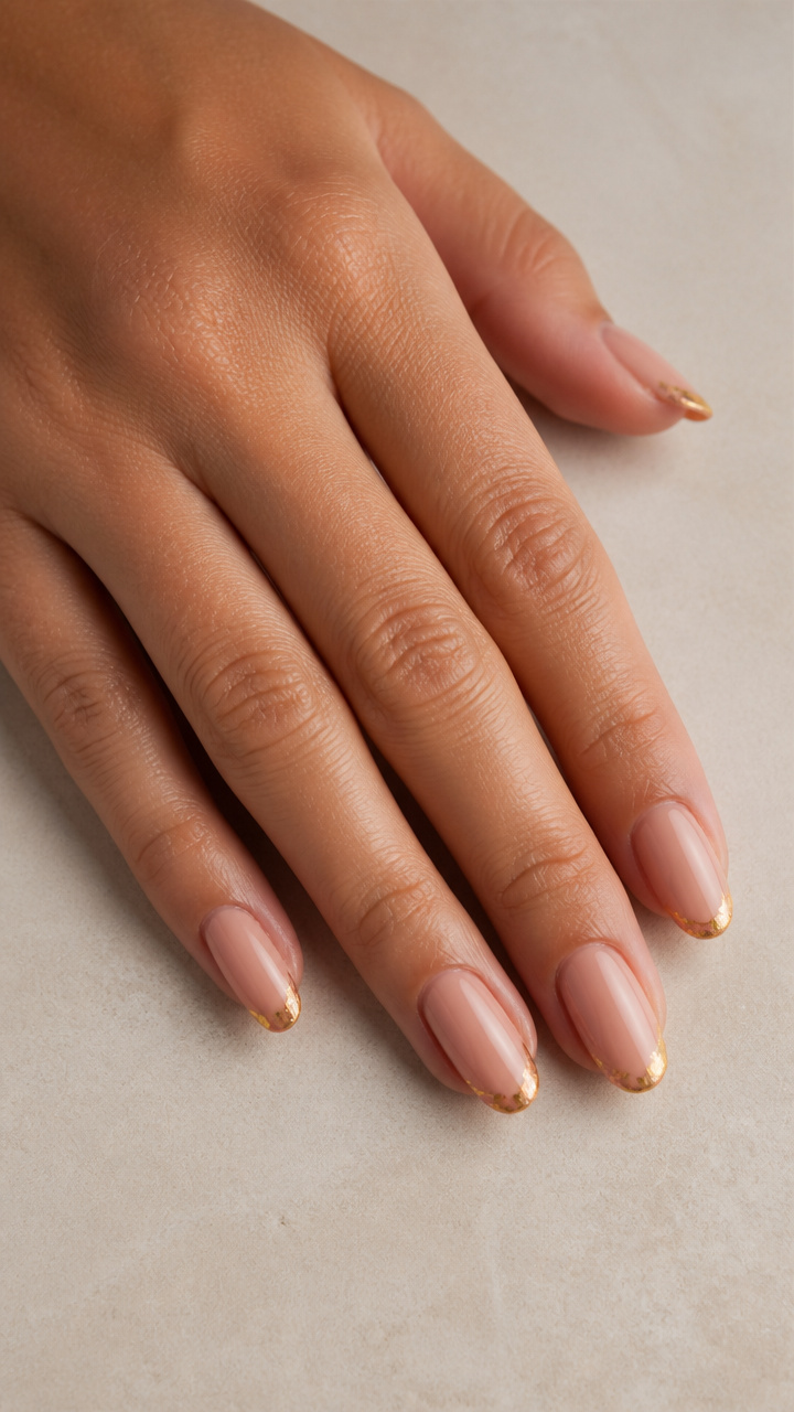 Classic Nude French Manicure with Gold Leaf Tipped Tips