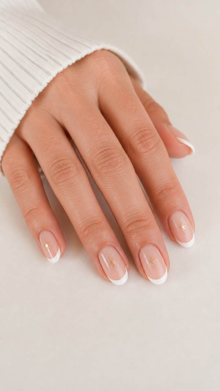 Classic Nude French Tips with Tiny Golden Star Details