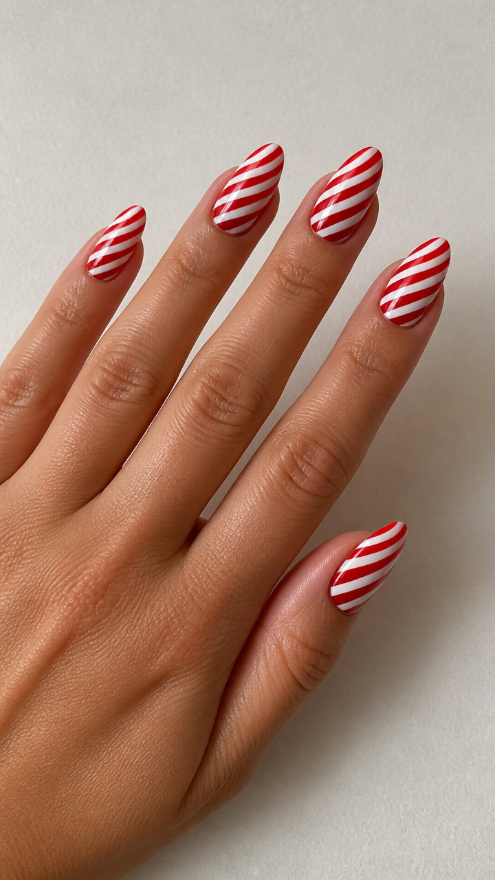 Classic Red and White Stripe Almond Nails with Glossy Finish