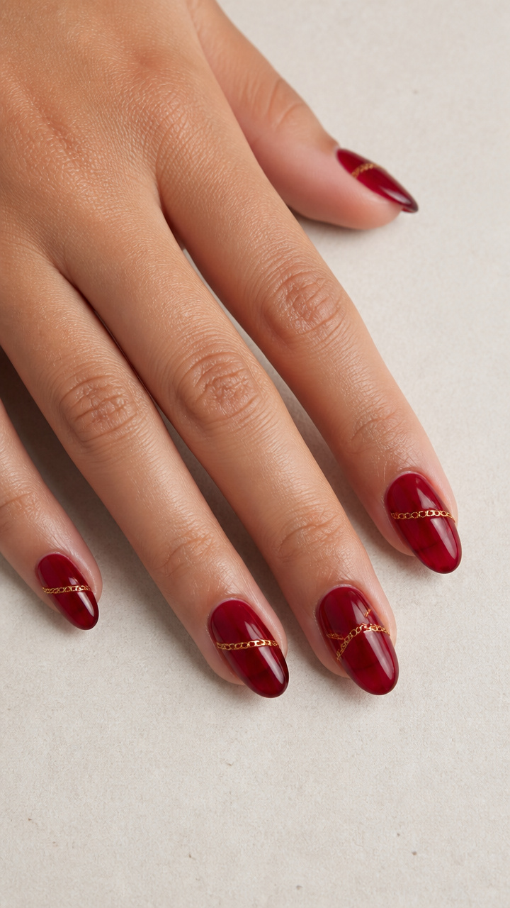 Classic Red Jelly Nails with Gold Chain Accents