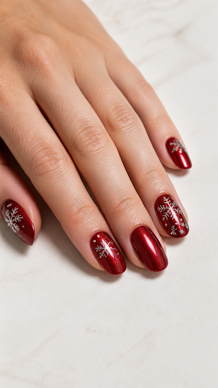 Classic Red Velvet Nails with Silver Chrome Snowflake Accents