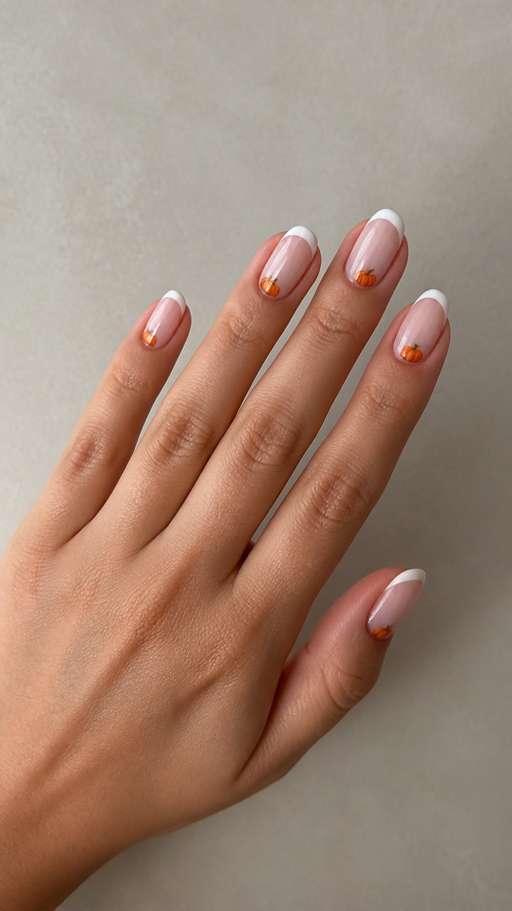 Classic White French Tips with Miniature Orange Pumpkins