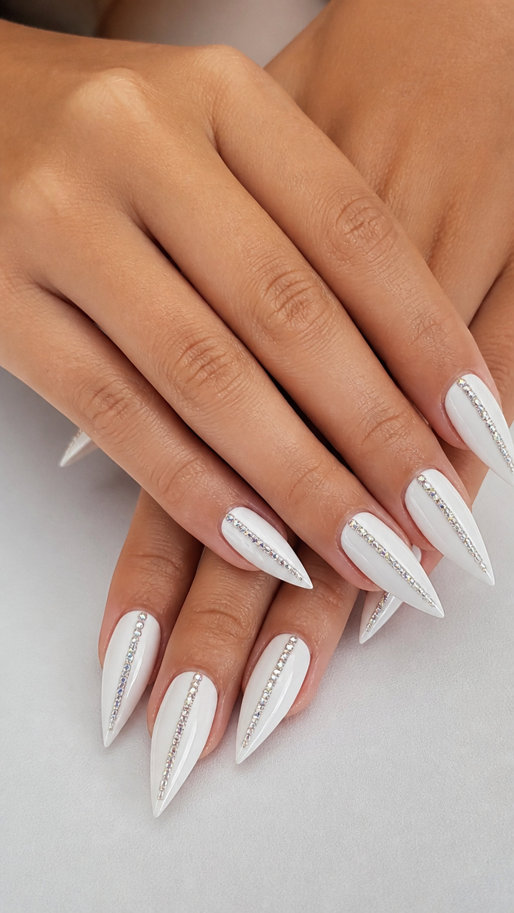 Classic White Stiletto with Crystal Rhinestone Stripes