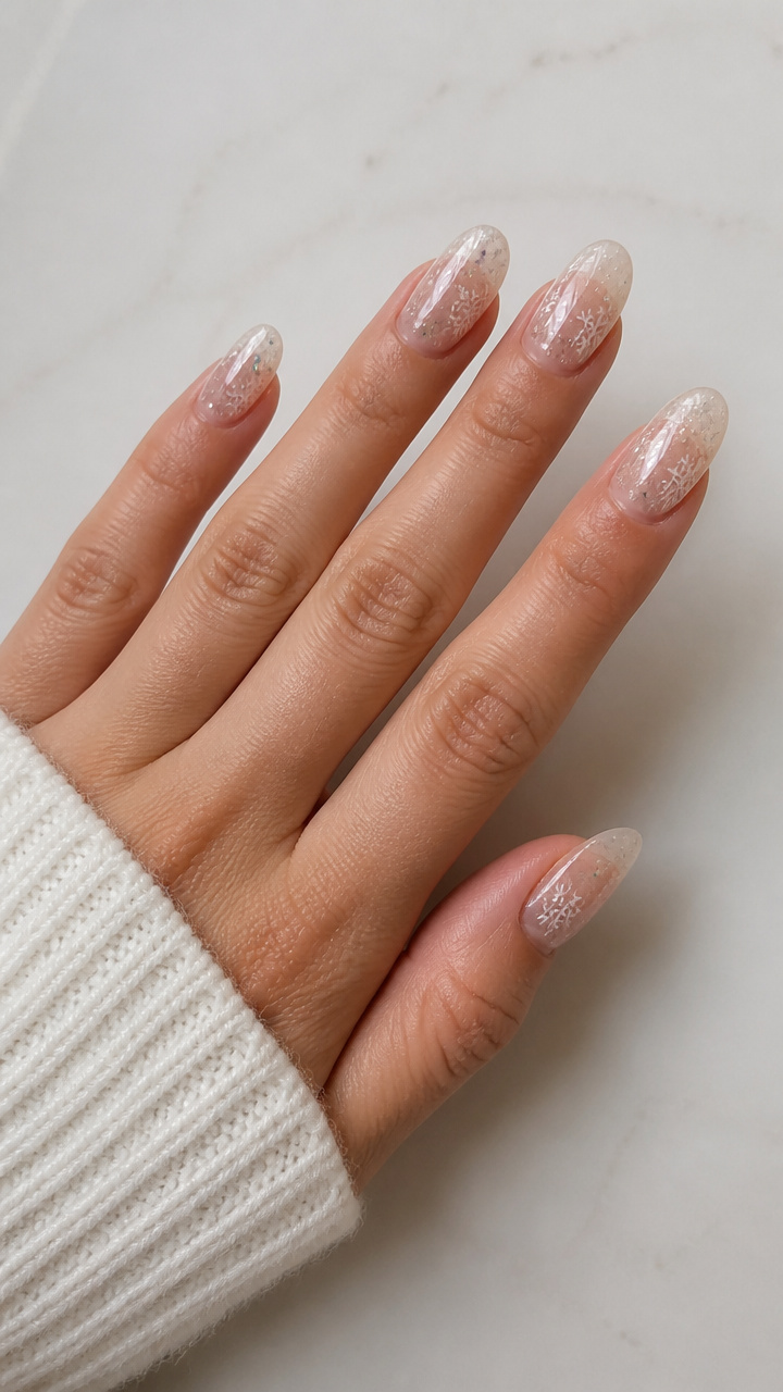 Clear Gel Nails with Suspended Micro-Glitter Snowflakes