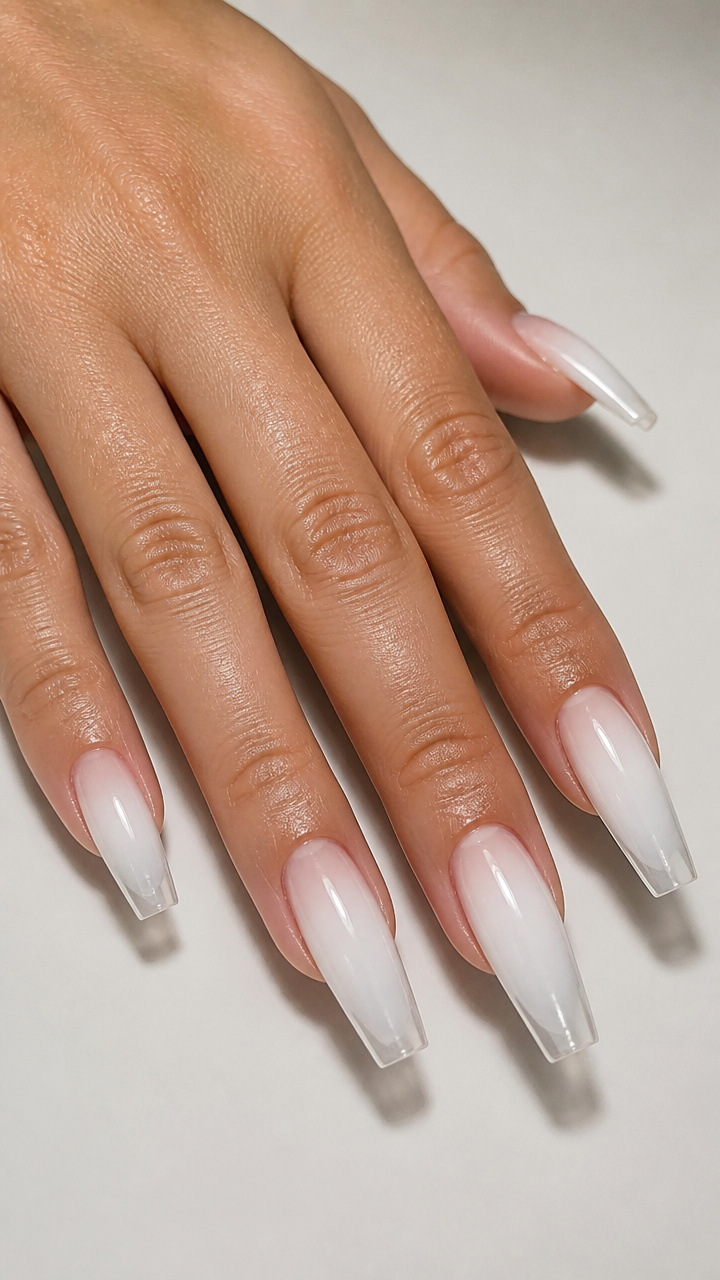 Coffin Nails with Glossy White and Clear Ombre