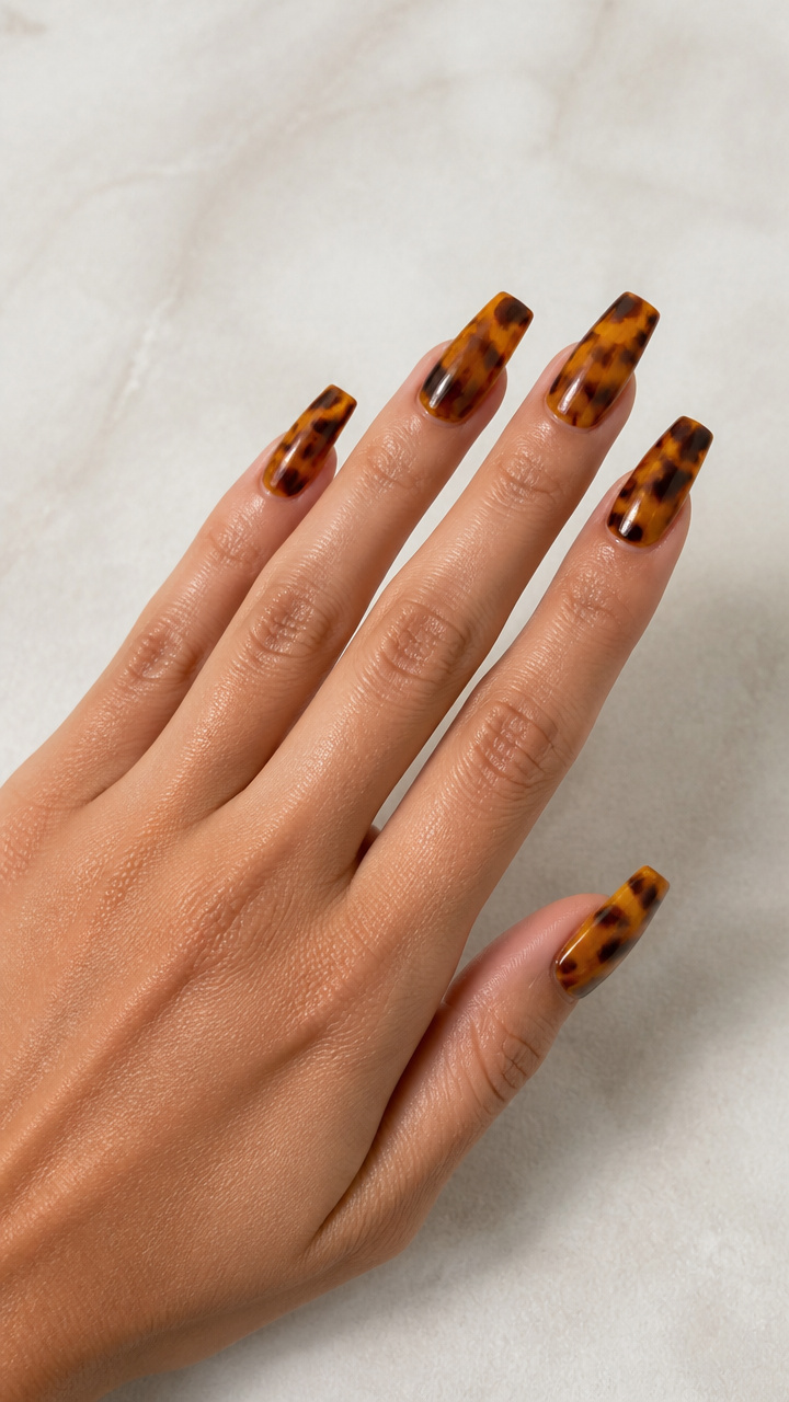 Coffin Shaped Nails in Golden Honey Tortoise