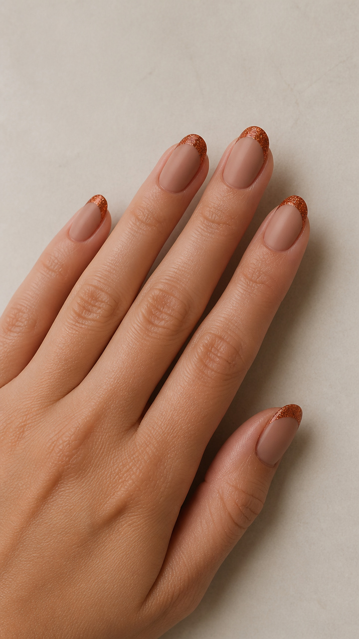 Copper Glitter French Manicure with Matte Top Coat