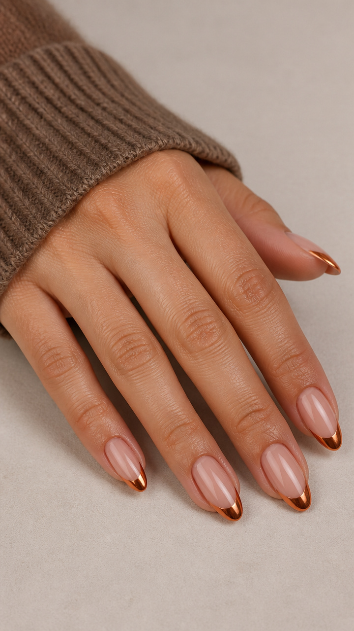 Copper Mirror French Tips on Soft Almond Nails