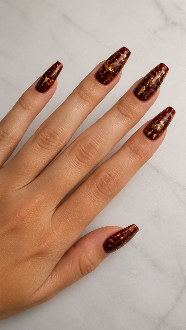 Cracked Gold Foil Over Oxblood Jelly Base on Ballerina Nails