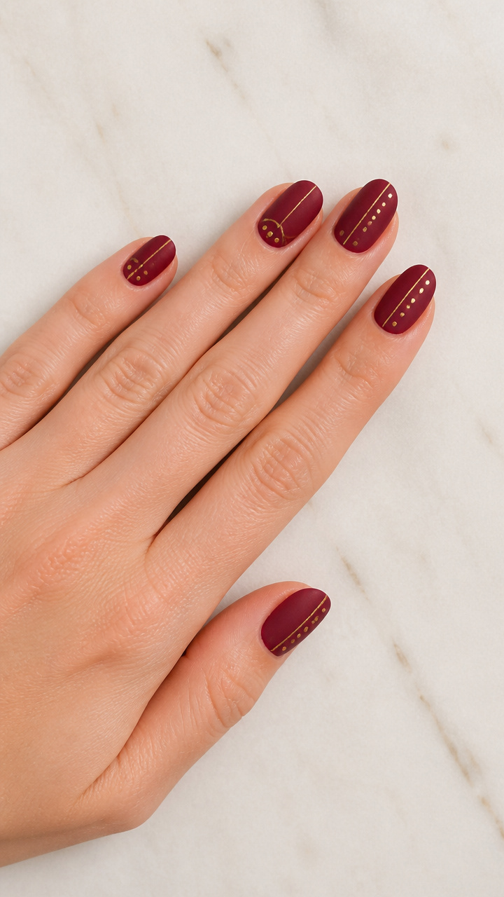 Cranberry Matte Nails with Gold Dots and Lines