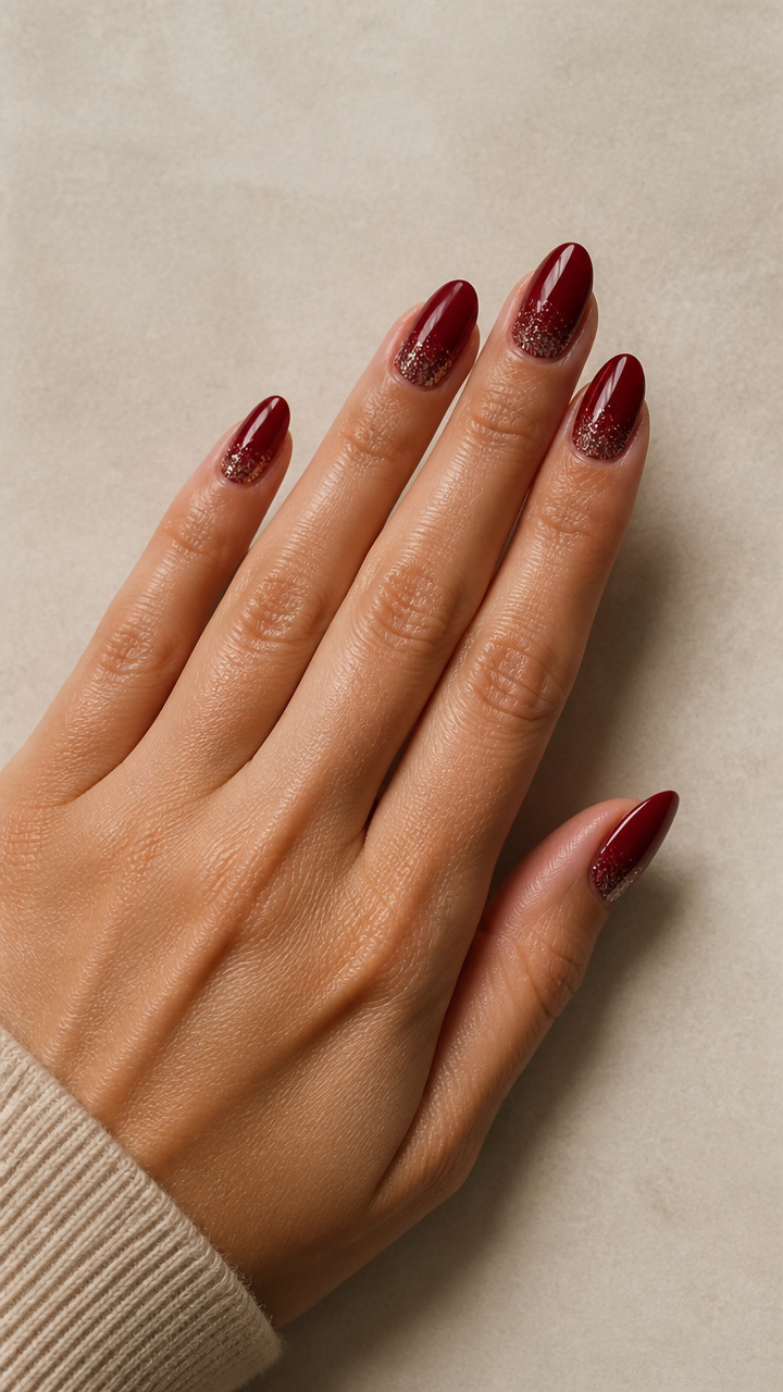 Cranberry Red Almond Nails with Subtle Glitter Fade