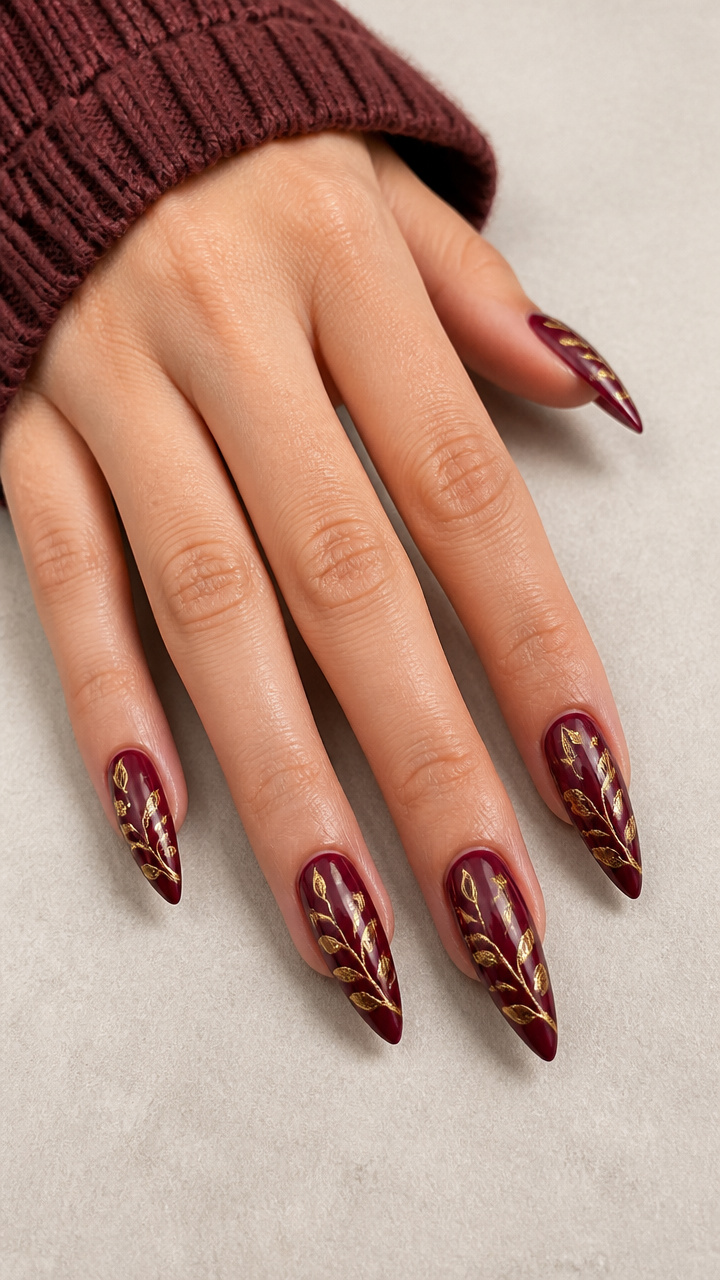 Cranberry Stiletto Nails with Gold Leaf Veins
