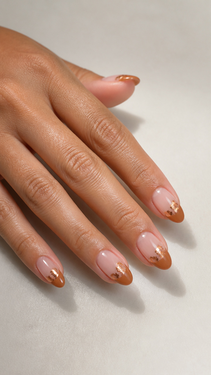 Creamy Caramel French Tips with Bronze Foil