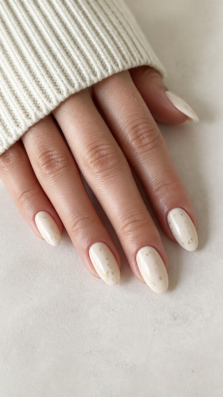 Creamy Vanilla Almond Nails with Micro Gold Foil
