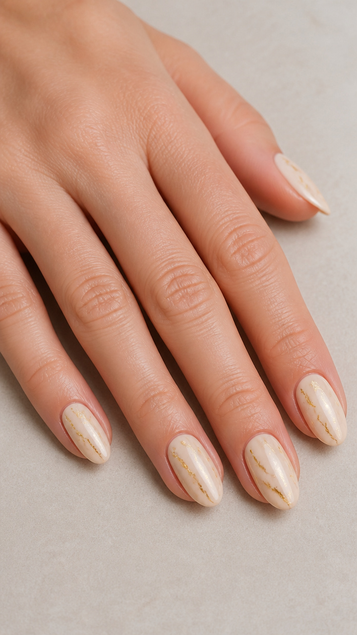 Creamy Vanilla Beige Nails with Gold Leaf Marbling