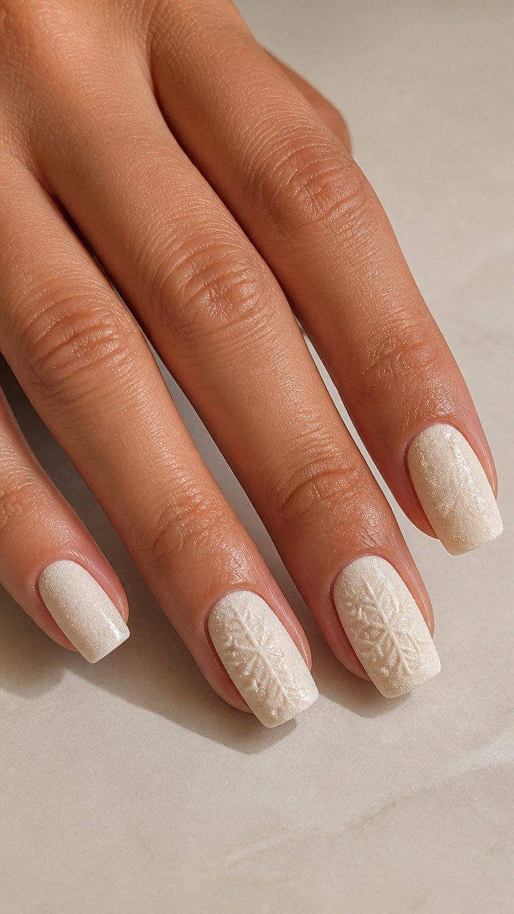 Creamy Vanilla Velvet Square Nails with Embossed Snowflakes