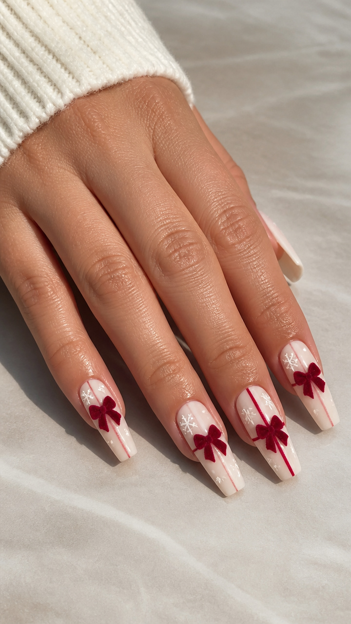Creamy White Coffin Nails with Red Velvet Bows and Tiny Snowflakes
