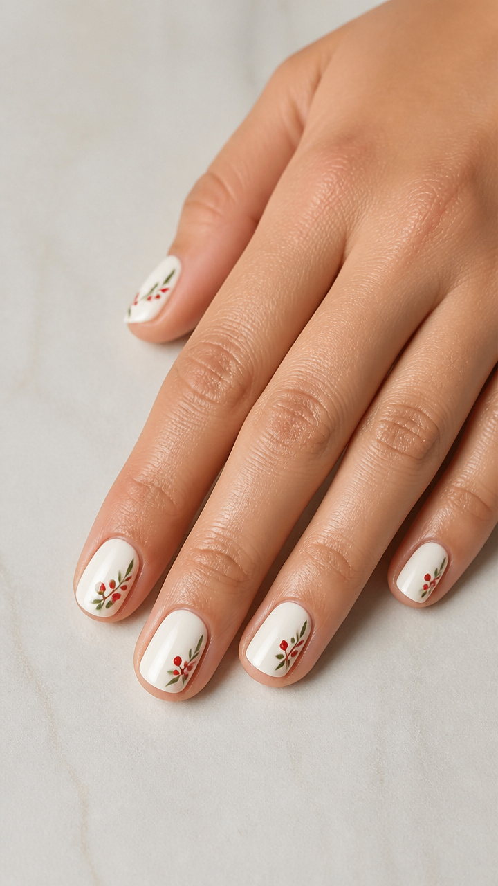 Creamy White Nails with Red Berry Cluster Art