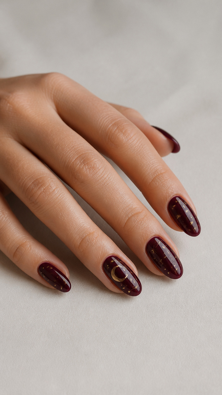 Crescent Moon and Starfield Scene on Oxblood Night Sky Nails