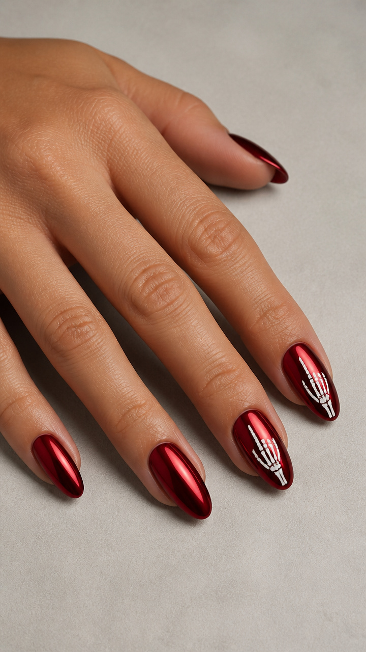 Crimson Red Chrome Nails with Skeleton Finger Pointing Detail