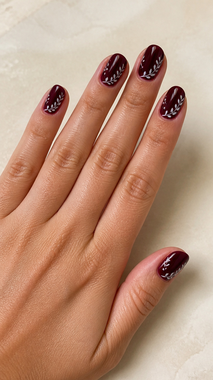 Dark Cherry Glossy Nails with White Vine Details