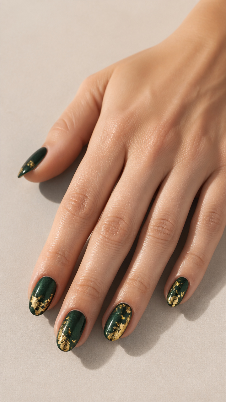 Dark Emerald Velvet Nails with Gold Leaf Fragments