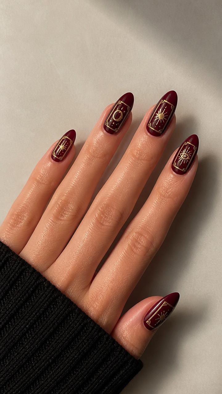 Dark Red Almond Nails with Gold Tarot Card Border Details