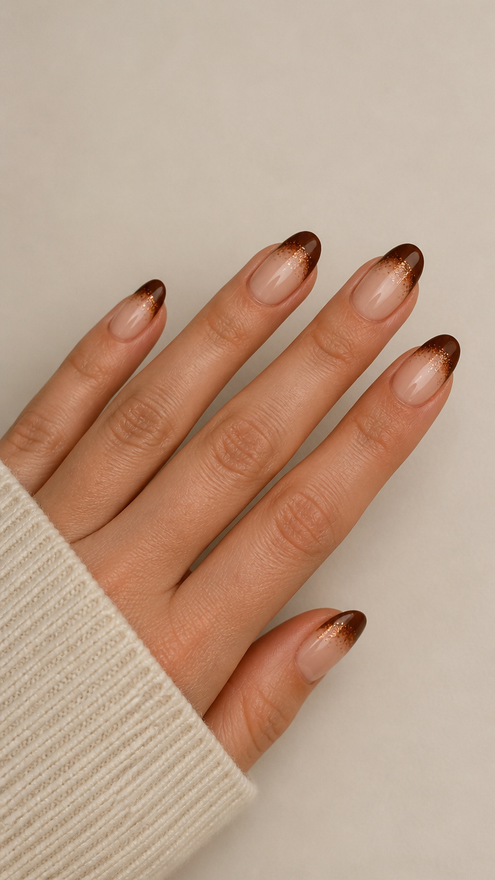 Dark Roast French Tips with Copper Glitter Fade