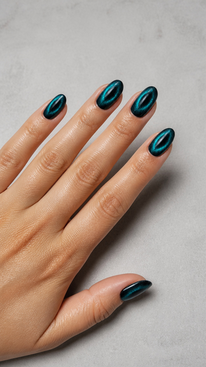 Dark Teal Chrome Nails with Witch Eye Illusion Effect