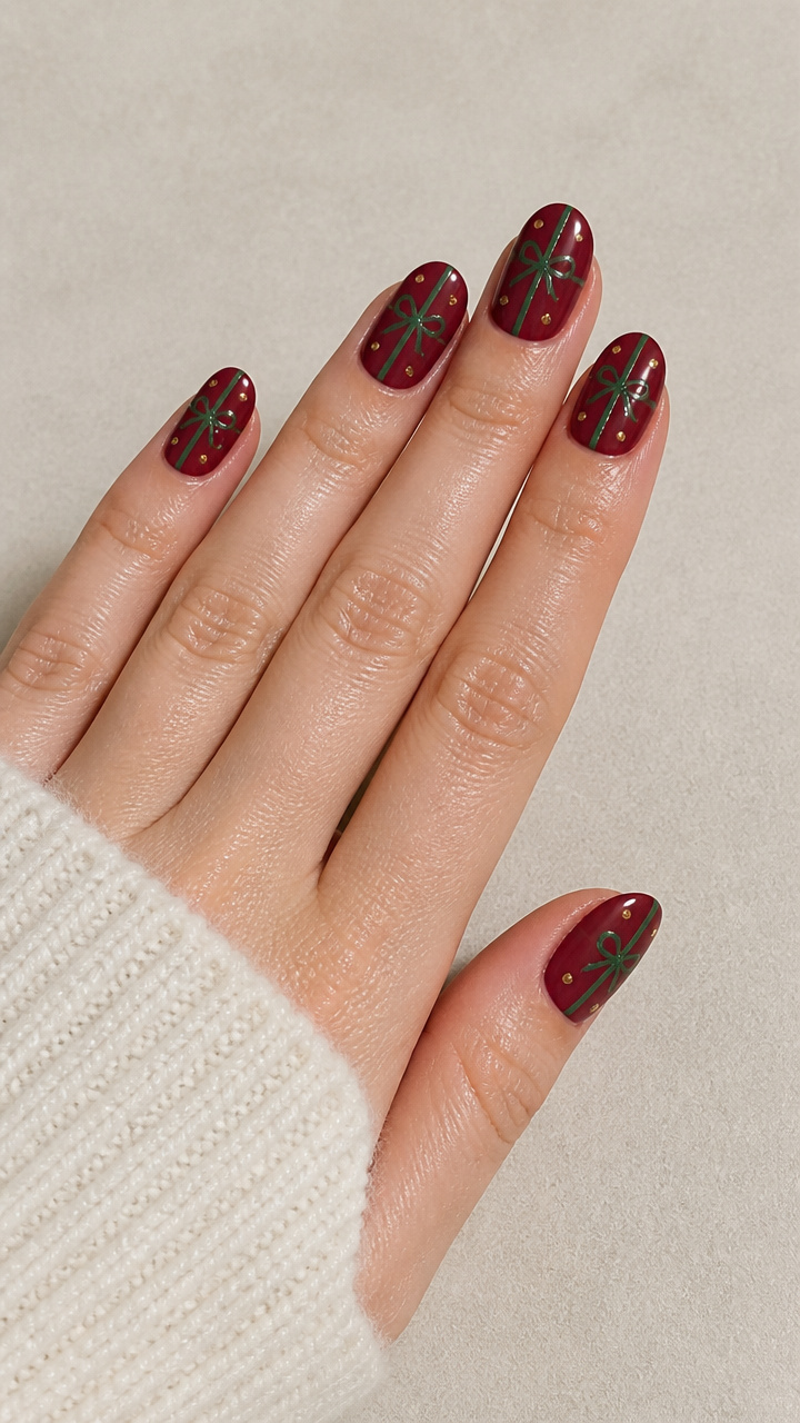 Deep Berry Nails with Pine Green Ribbon Stripes and Gold Dots