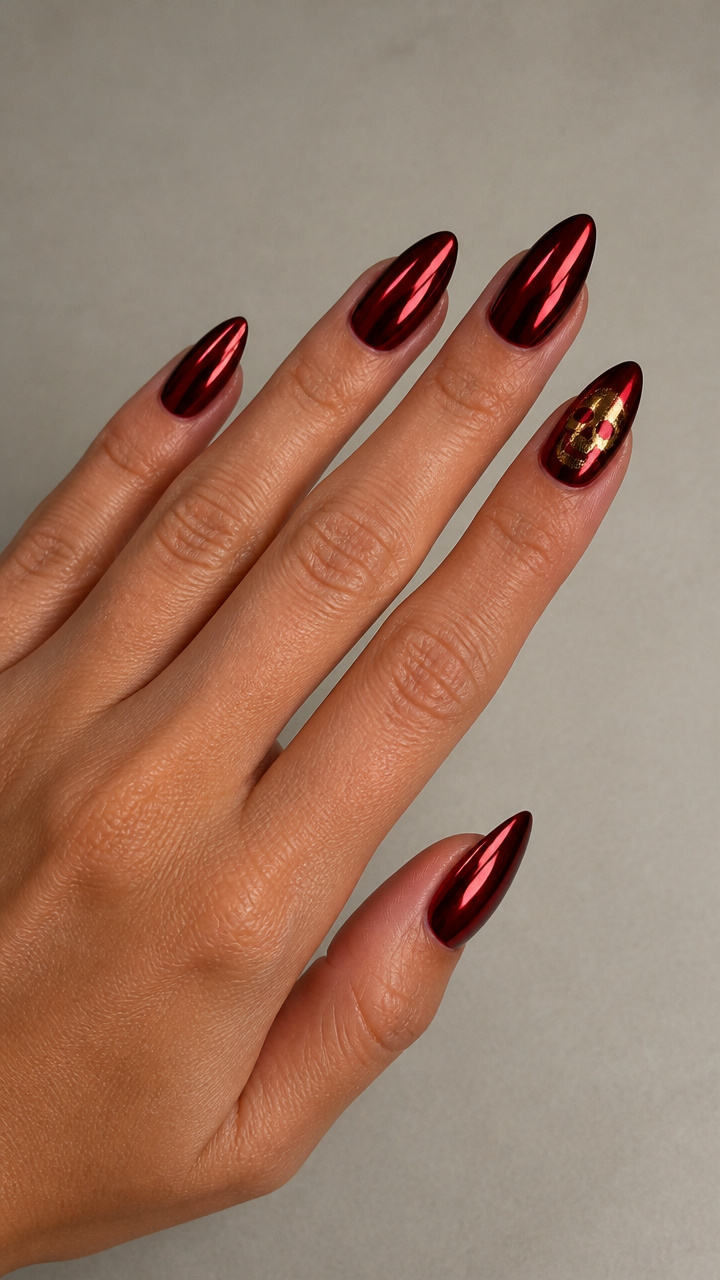 Deep Blood Red Chrome Almond Nails with Gold Foil Skull Accent