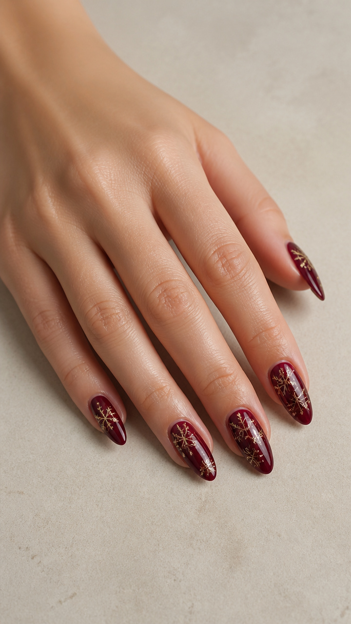 Deep Burgundy Almond Nails with Delicate Gold Snowflake Stamping