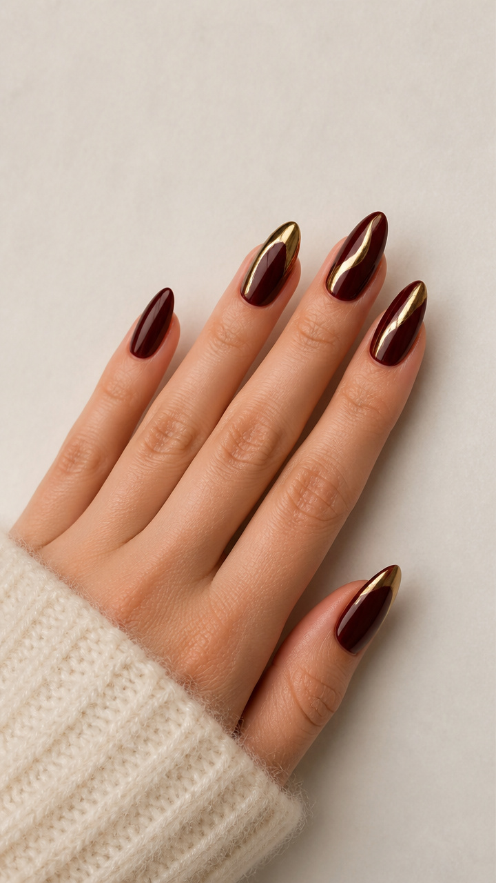 Deep Burgundy Almond Nails with Gold Chrome Accents