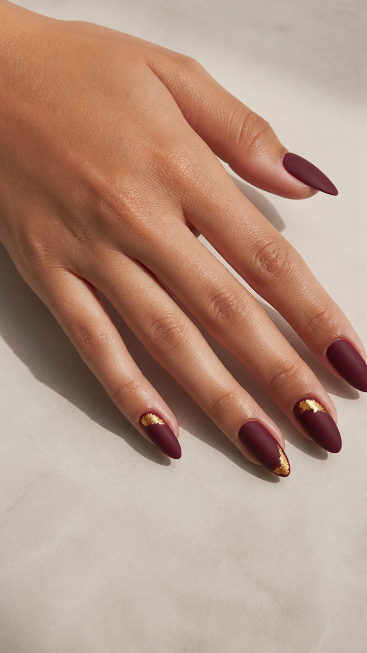 Deep Burgundy Almond Nails with Matte Finish and Gold Leaf Accents