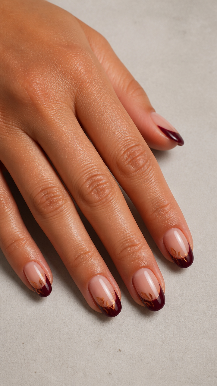 Deep Burgundy French Manicure with Copper Foil Stems