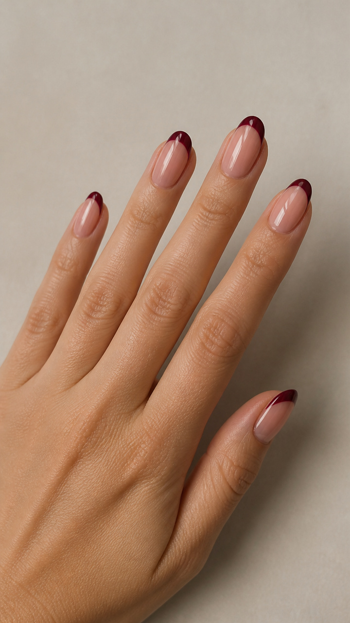 Deep Burgundy French Tips with a Glossy Sheen