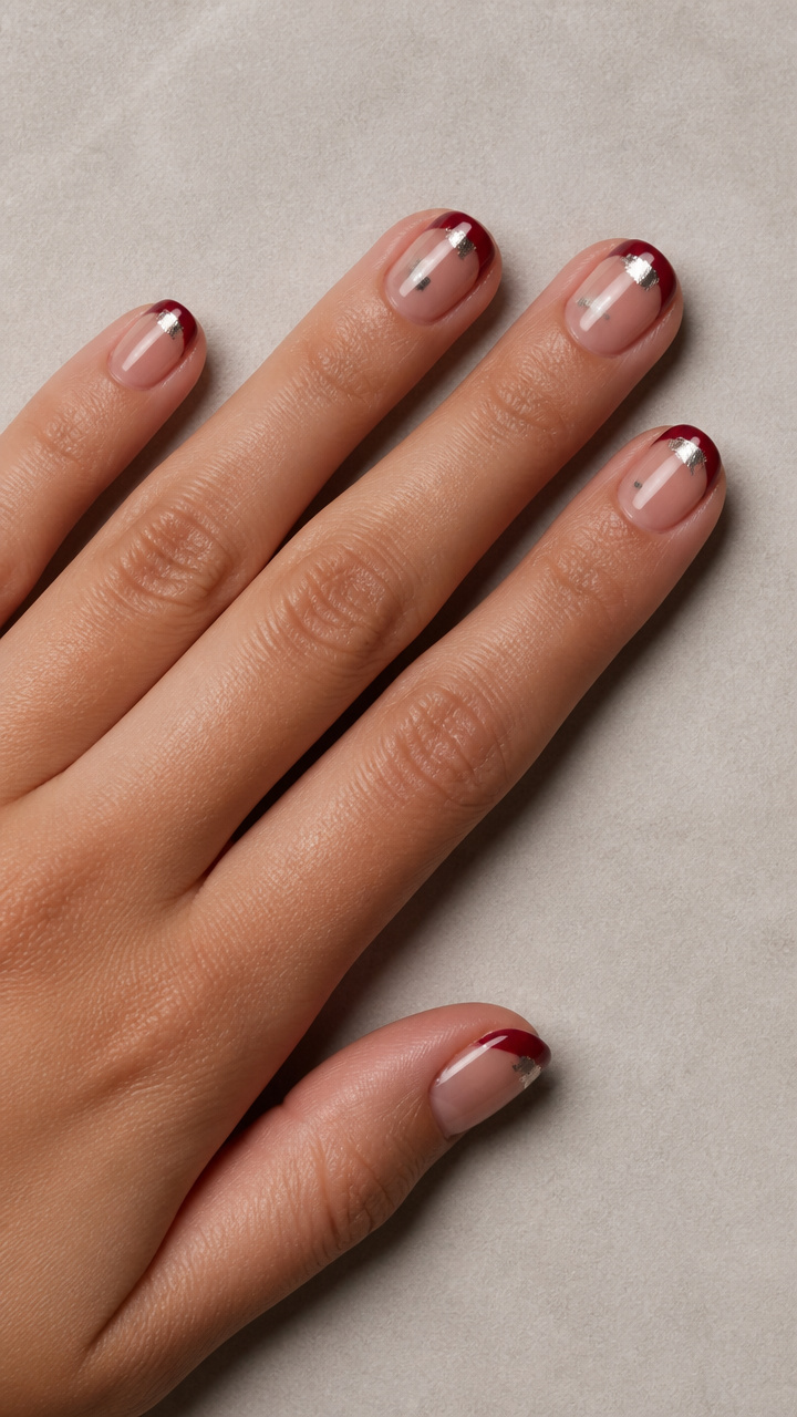 Deep Burgundy French Tips with Silver Chrome Foil