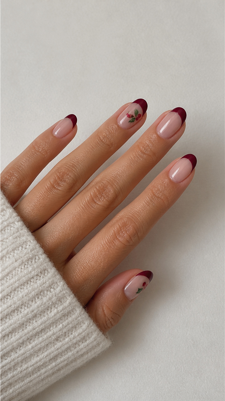 Deep Burgundy French Tips with Tiny Holly Berry Accents