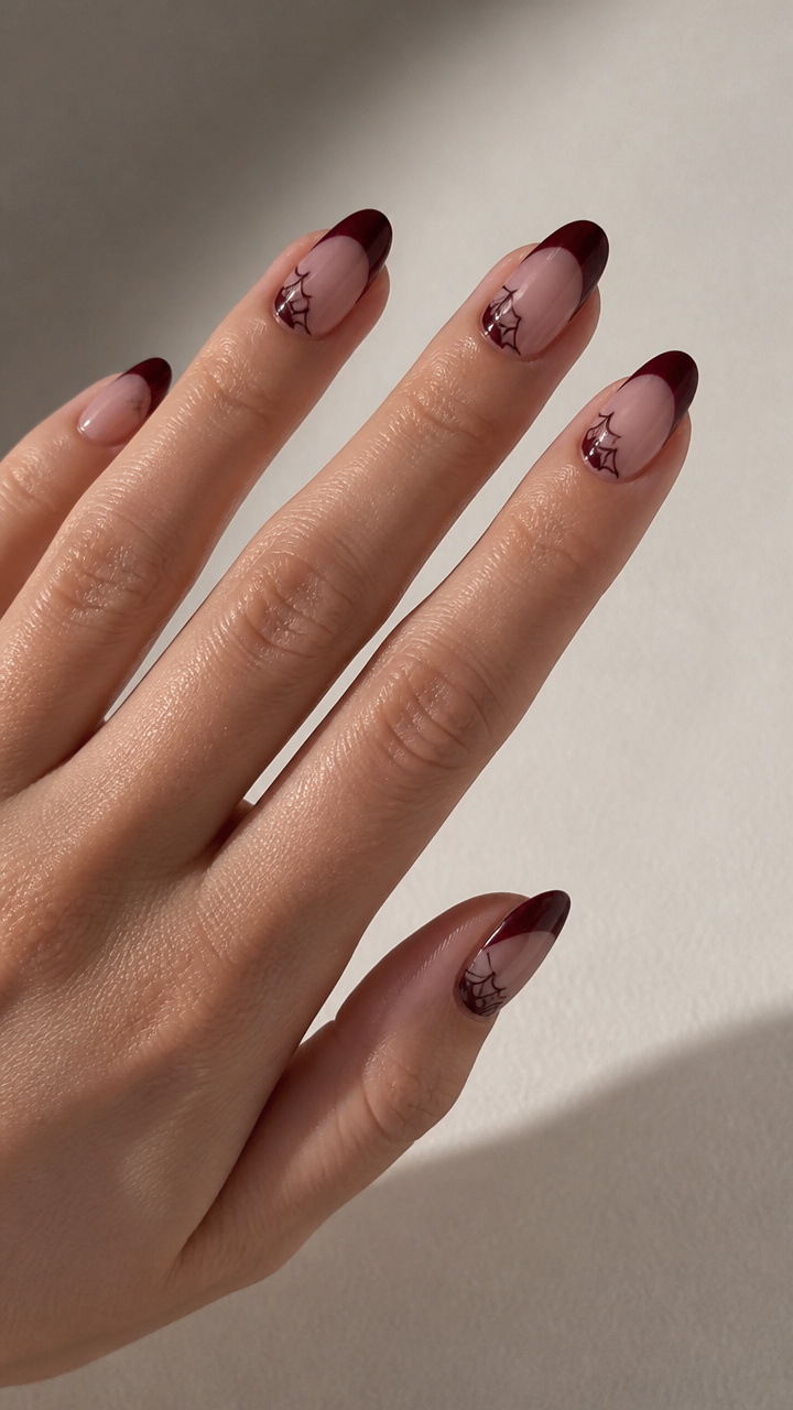 Deep Burgundy Ombré French Tips with Delicate Bat Wings