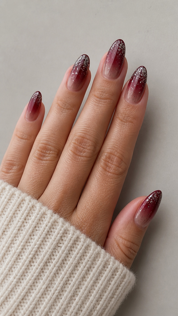 Deep Burgundy Ombre with Chunky Silver Glitter