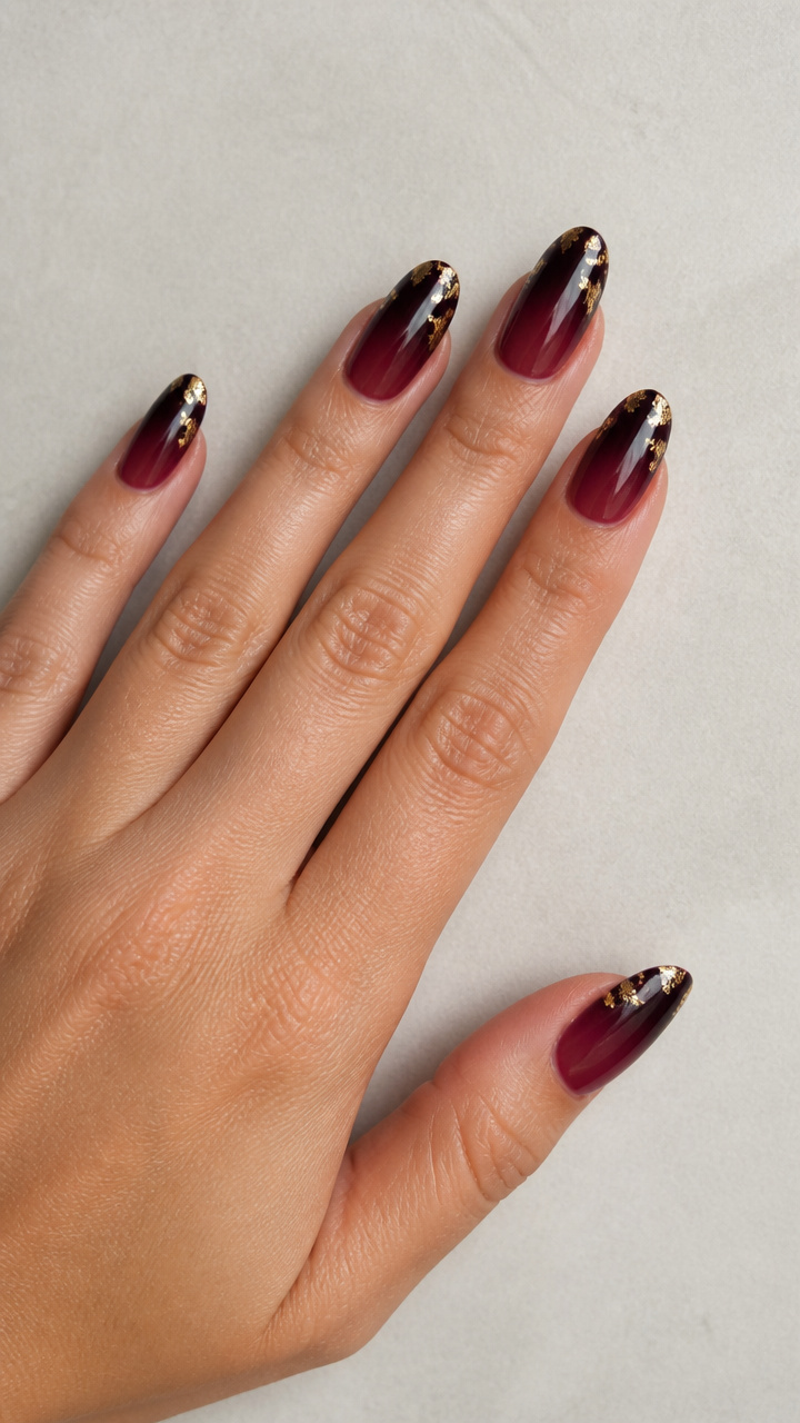 Deep Burgundy Ombré with Gold Leaf Accents