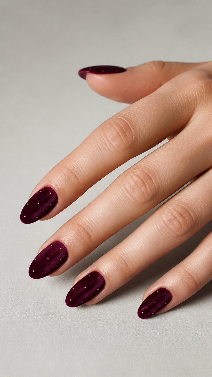 Deep Burgundy Velvet Almond Nails with Micro Gold Dots