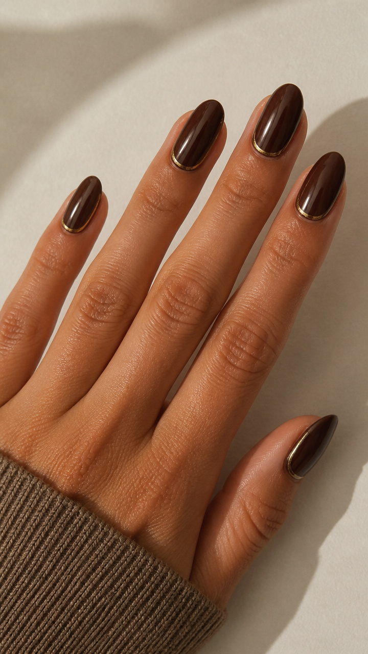 Deep Chocolate Chrome Nails with Thin Gold Rim Accents