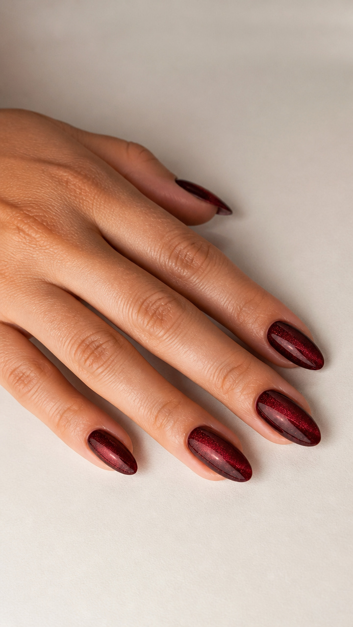 Deep Crimson Velvet Almond Nails with Silver Micro-Glitter
