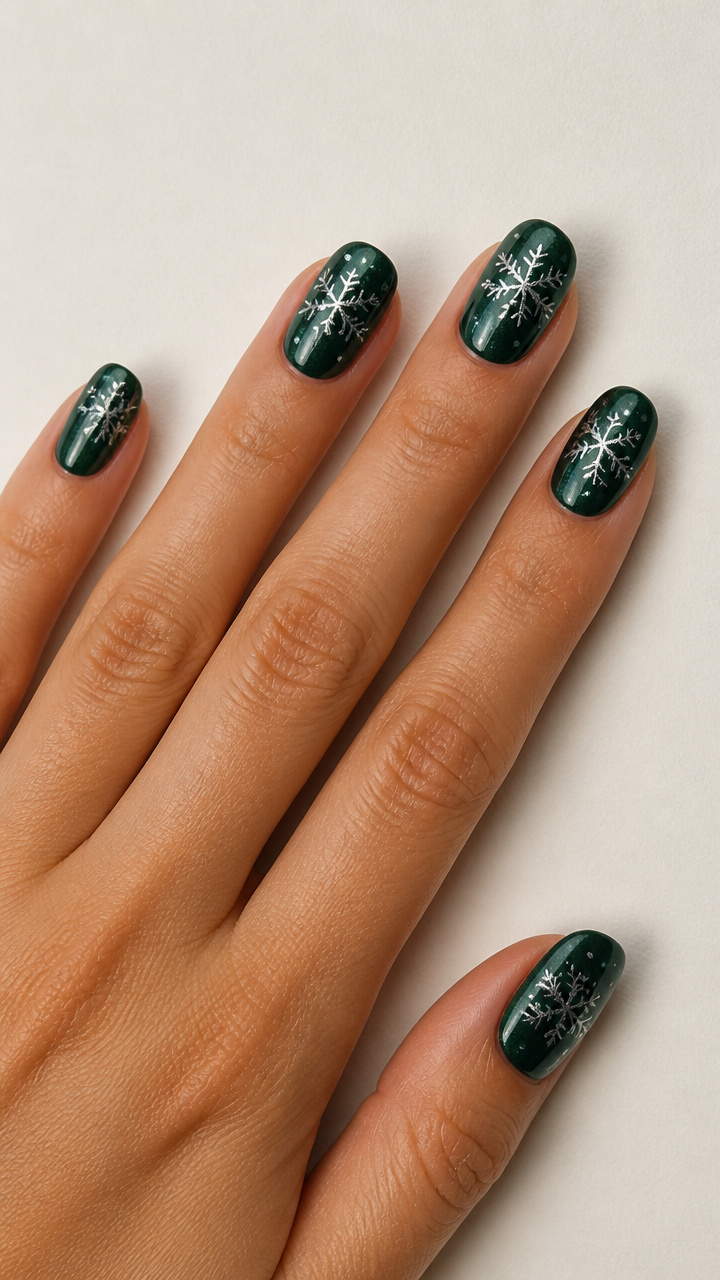 Deep Emerald Green Nails with Silver Metallic Snowflake Stencils