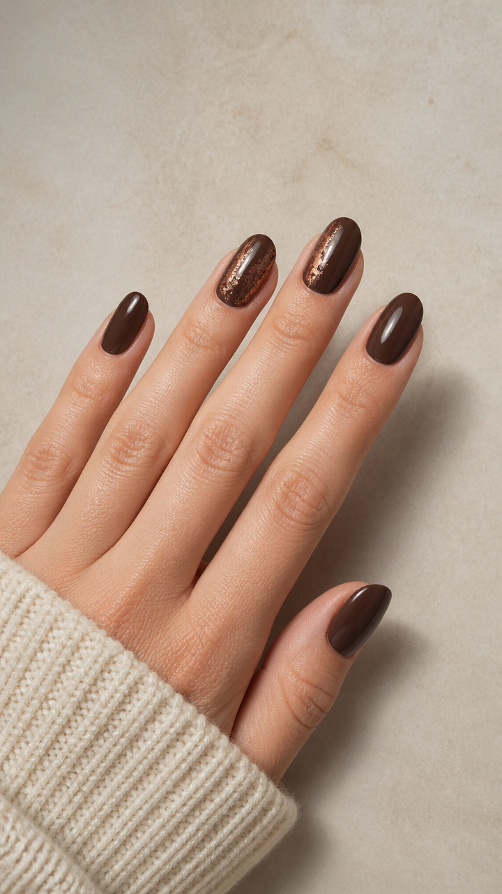 Deep Espresso Brown Nails with Copper Foil Detail