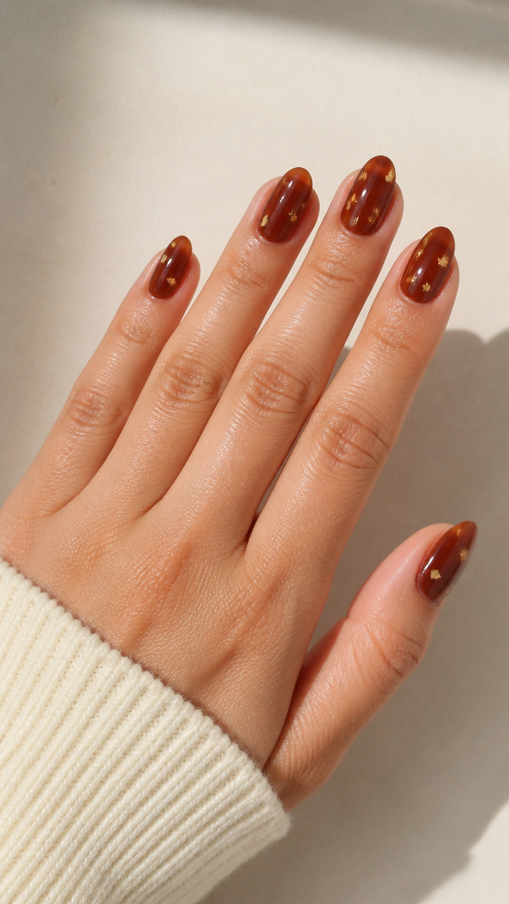 Deep Maple Syrup Gel Nails with Tiny Gold Leaf Flakes